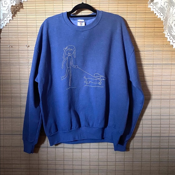 DACHSHUND people! Handcrafted girl walking doxie on sweatshirt, hand stitched - Picture 3 of 16